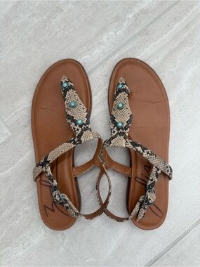Zodiac Brown Snake-Print Thong Sandals with Turquoise Studs